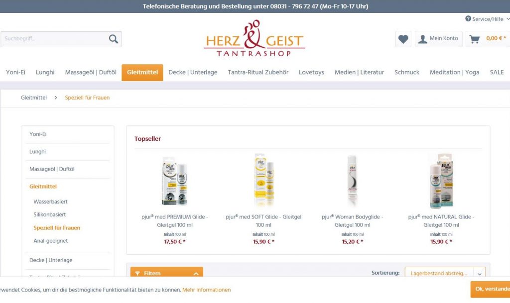 Screenshot Herz und Geist Shop Gleitmittel für Yoni-Massage